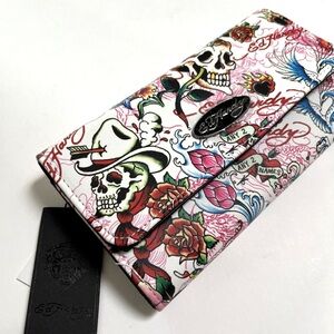 NWT Ed Hardy Trifold Long Wallet Y2K Tattoo White Snap Closure Skull Cowboy